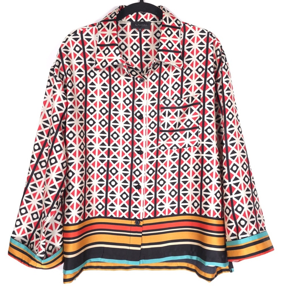 GRACIA Women’s Silky Shirt Button Front Long Sleeve Multicolor Geometric MEDIUM - Picture 9 of 10